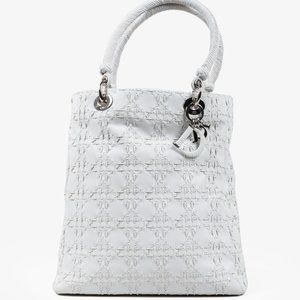Christian Dior White Lambskin Stitched Woven Lady Dior Tote